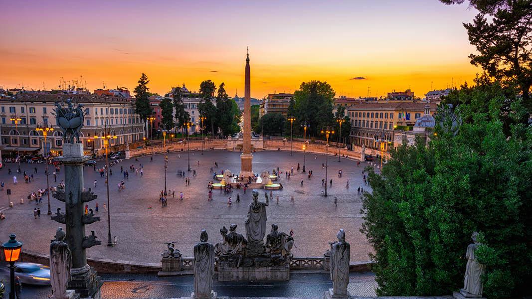 Rom kulturrejse, nytår i Rom, nytårsaften i Rom, Rom i solnedgang, Piazza del Popolo